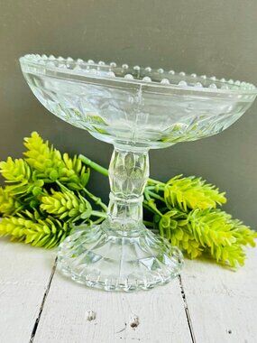 Vintage Clear Pressed Glass Compote, Diamond Point Pattern, Beaded Rim